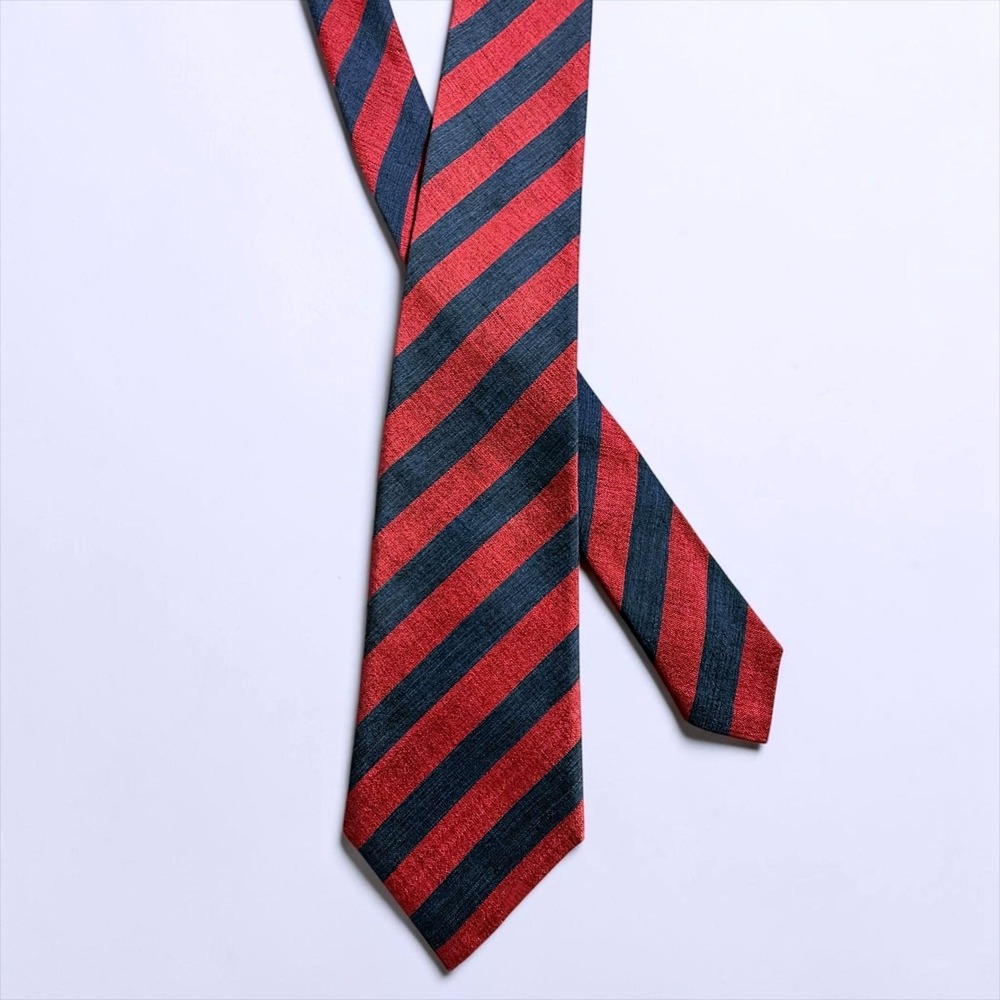 Hand Do Mens Silk Tie Red Navy Blue Diagonal Striped Hand Woven Made in Korea